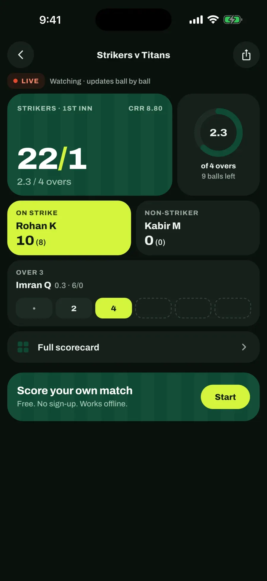 Scorecord live match screen showing a LIVE badge and ball-by-ball updates