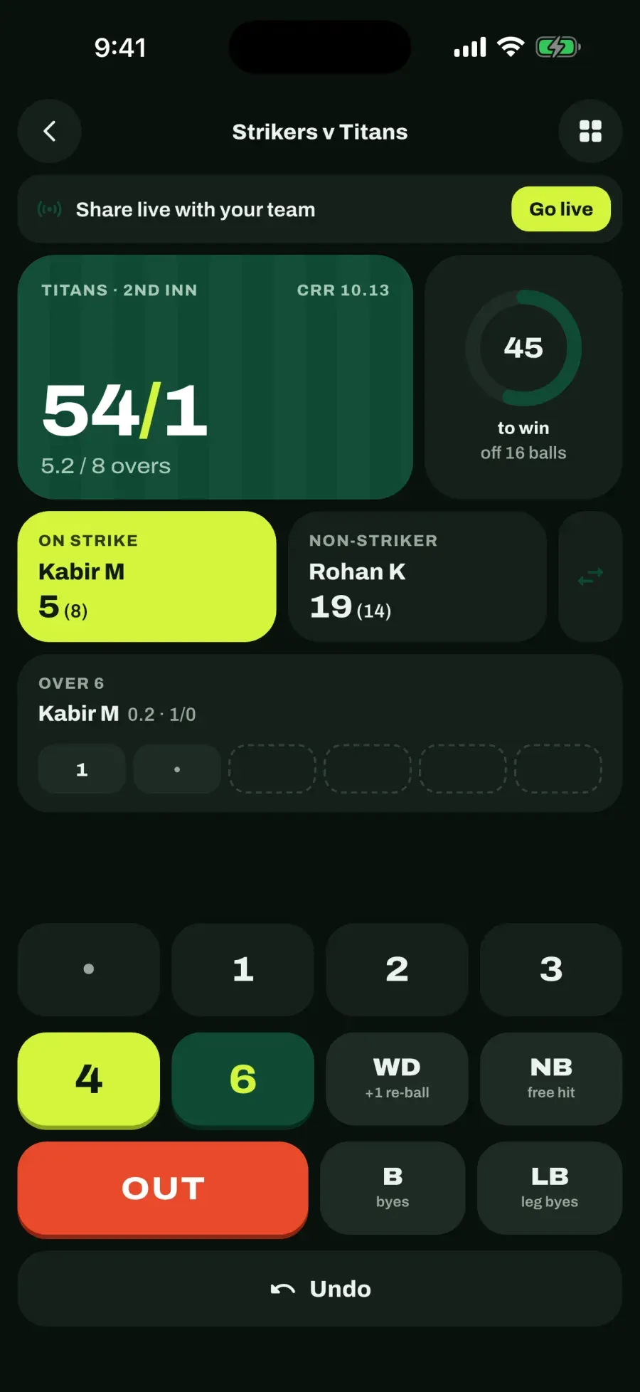 Scorecord scoring screen with run keys, extras and an over strip